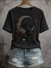 Women's Gothic Style Floral Cat T-Shirt