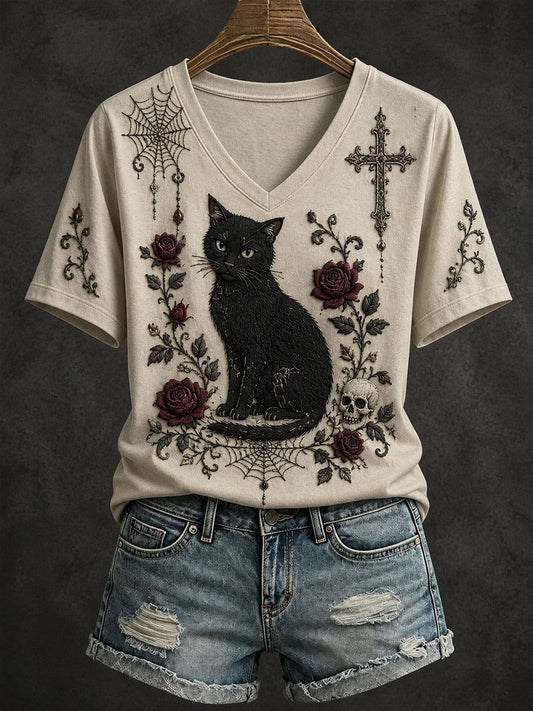 Women's Gothic Style Floral Cat T-Shirt