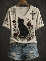 Women's Gothic Style Floral Cat T-Shirt