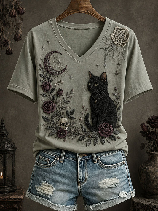 Women's Gothic Style Floral Cat T-Shirt