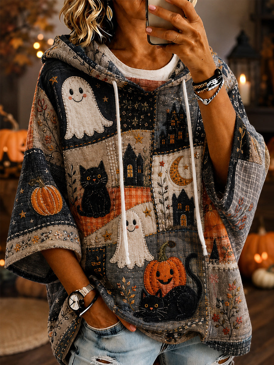 Women's Halloween Ghost Pumpkin Face Black Cat Patchwork Print Casual Short-Sleeve Hoodie