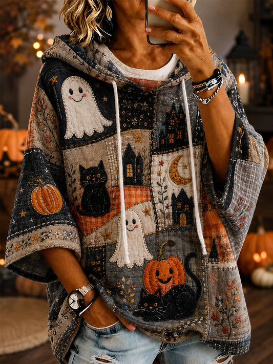 Women's Halloween Ghost Pumpkin Face Black Cat Patchwork Print Casual Short-Sleeve Hoodie