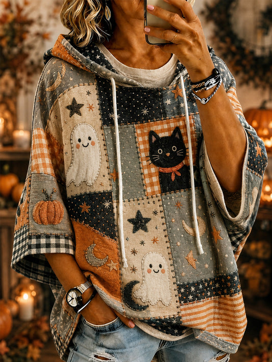 Women's Halloween Ghost Pumpkin Black Cat Patchwork Print Casual Short-Sleeve Hoodie