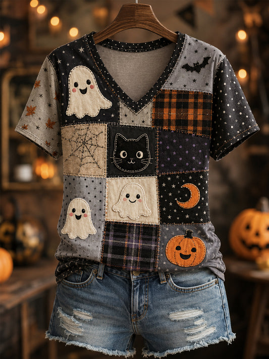 Women's Halloween Ghost Pumpkin Face Patchwork Print Casual V-Neck Tee
