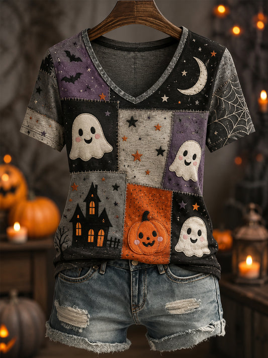 Women's Halloween Ghost Pumpkin Face Patchwork Print Casual V-Neck Tee