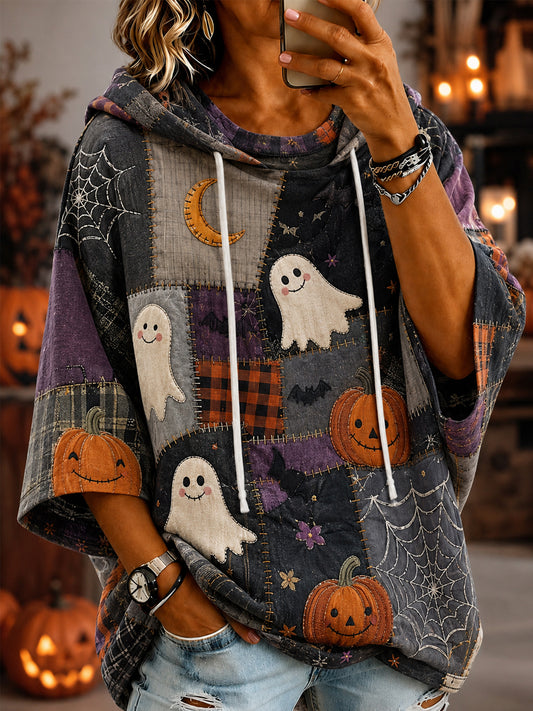Women's Halloween Ghost Pumpkin Face Patchwork Print Casual Short-Sleeve Hoodie