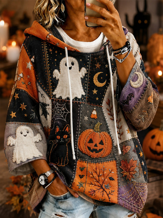 Women's Halloween Ghost Pumpkin Face Black Cat Patchwork Print Casual Short-Sleeve Hoodie