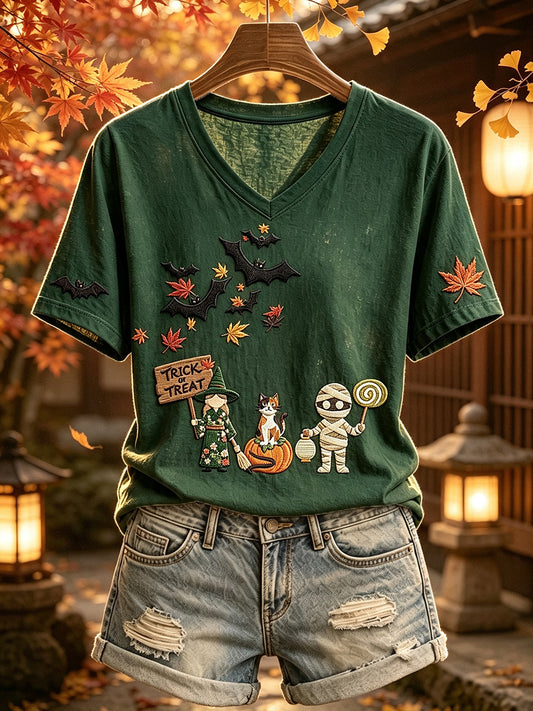 Women's Calico Cat Mummy Japanese Autumn Halloween Print Short-sleeved T-shirt