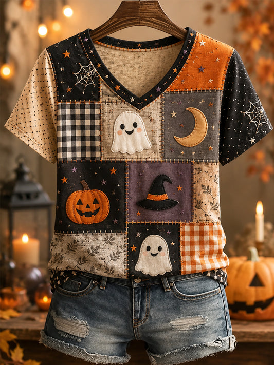 Women's Halloween Ghost Pumpkin Face Patchwork Print Casual V-Neck Tee