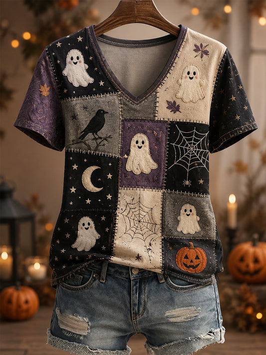 Women's Halloween Ghost Pumpkin Face Patchwork Print Casual V-Neck Tee