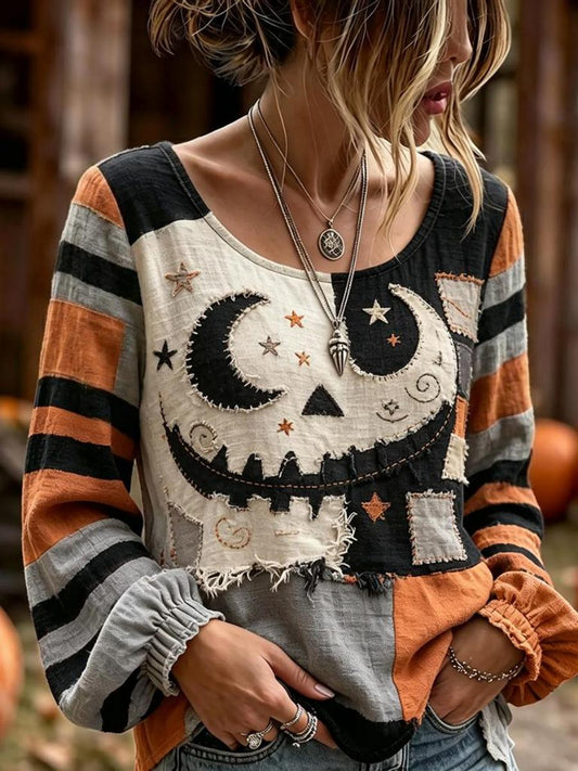 Women's Retro Halloween Jack-o'-lantern Patchwork Art Print Cotton-Linen Shirt