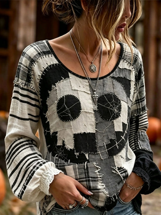 Women's Retro Halloween Spooky Face Patchwork Print Cotton-Linen Shirt