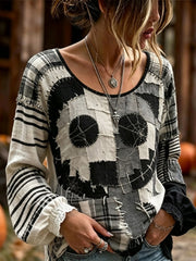 Women's Retro Halloween Spooky Face Patchwork Print Cotton-Linen Shirt