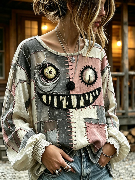 Women's Retro Halloween Patchwork Print Cotton-Linen Shirt