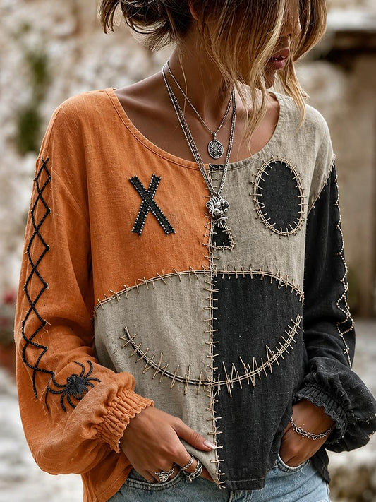 Women's Retro Halloween Spooky Smiley Face Color Block Print Cotton-Linen Shirt