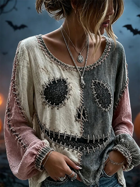 Women's Retro Halloween Spooky Smiley Face Color Block Print Cotton-Linen Shirt