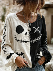 Women's Retro Halloween Spooky Smiley Face Contrast Print Cotton-Linen Shirt
