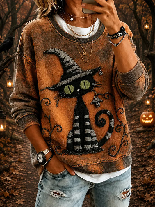 Women's Halloween Cat Art Print  Sweatshirt