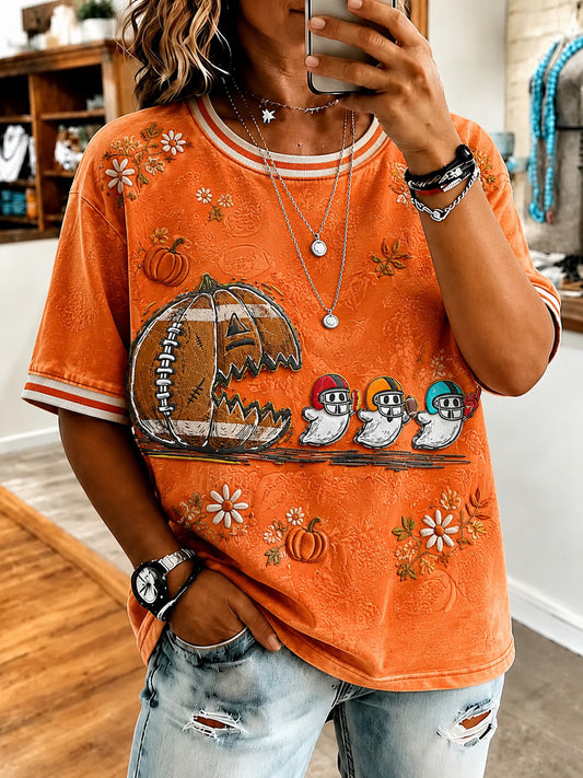 Women's Halloween Pumpkin Football Printed T-shirt
