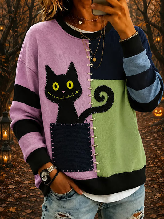 Women's Halloween Cat Art Print  Sweatshirt
