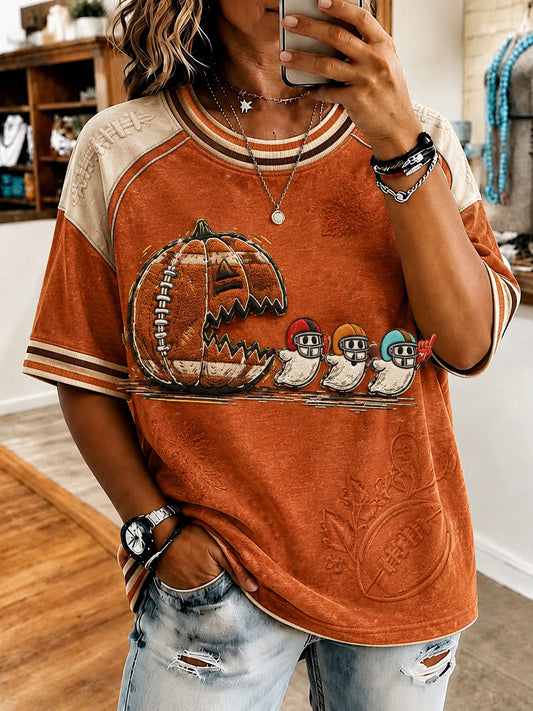 Women's Halloween Pumpkin Football Printed T-shirt