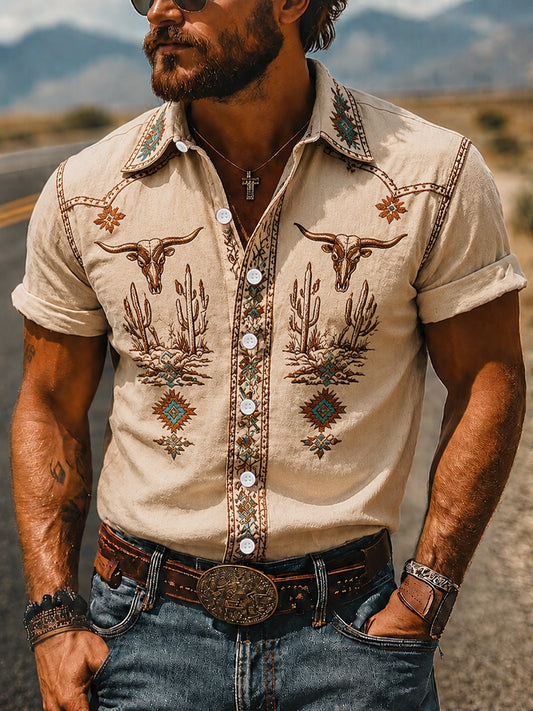Men's Vintage Western Printed Short Sleeve Shirt