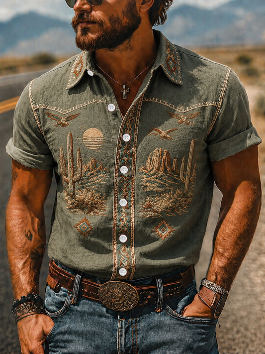 Men's Vintage Western Printed Short Sleeve Shirt