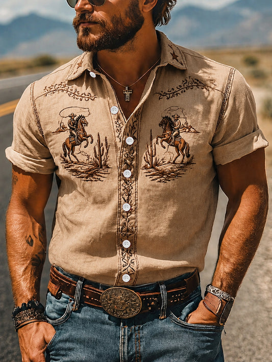 Men's Vintage Western Printed Short Sleeve Shirt