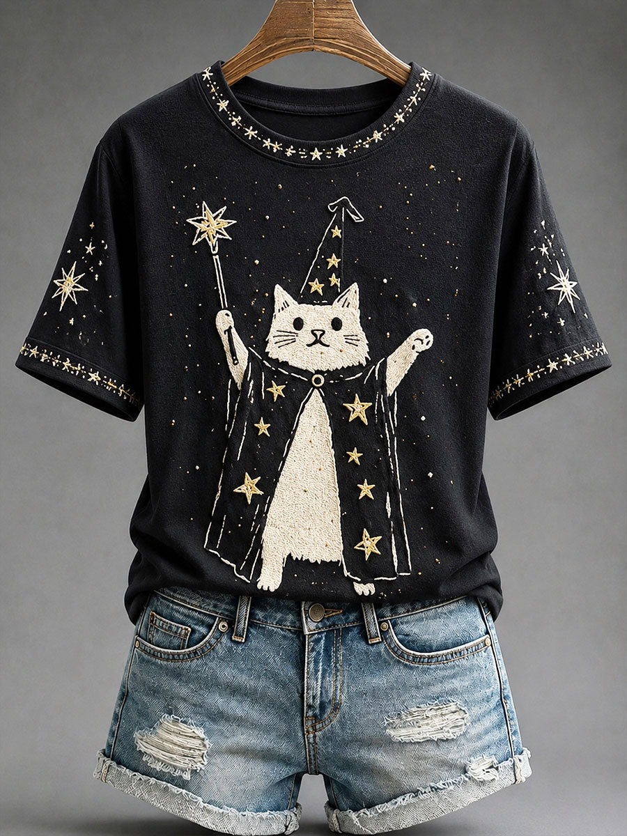 Women's Magician Cat Halloween Artistic Casual T-shirt