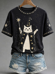Women's Magician Cat Halloween Artistic Casual T-shirt