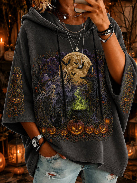 Women’s Halloween Witch Ghost Pumpkin Art  Short-Sleeve Hoodie