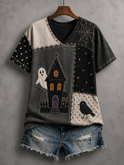 Women's Halloween Patchwork Ghost Print Casual V-Neck Tee