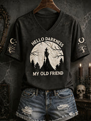 Women's Funny Halloween Hello Darkness My Old Friend Witch Print Casual V-Neck Tee