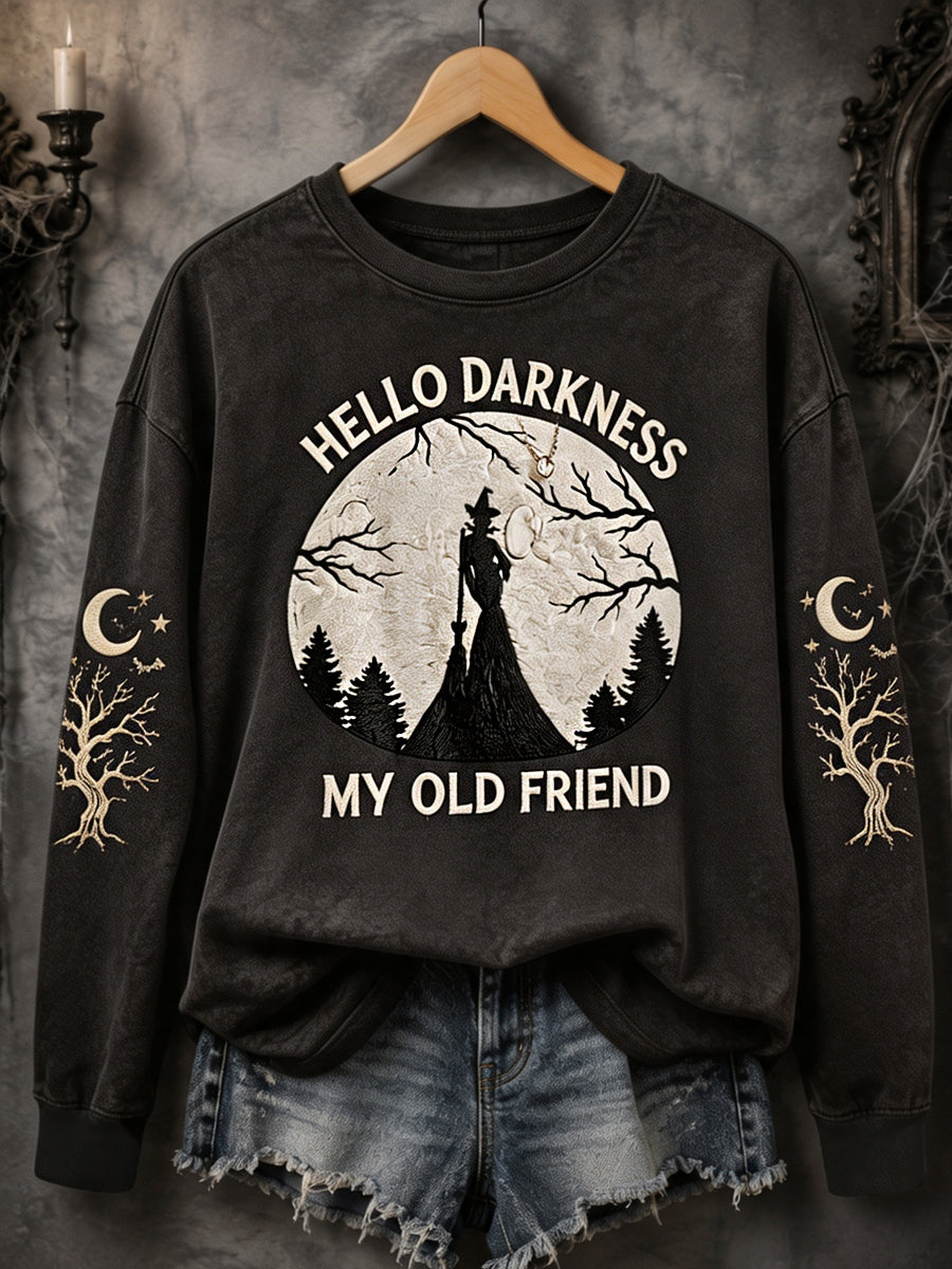 Women's Funny Halloween Hello Darkness My Old Friend Witch Print Casual Sweatshirt