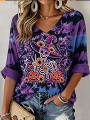 Women's Halloween Witch Skull Pumpkin Waffle T-shirt