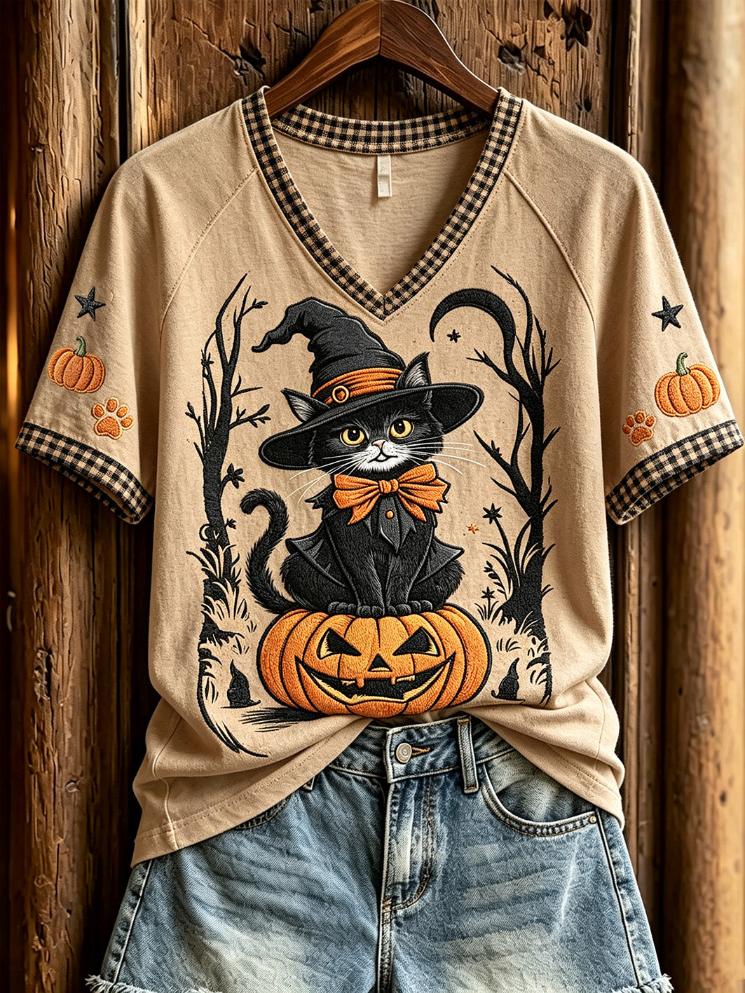 Women's Halloween cat print casual short-sleeved V-neck T-shirt