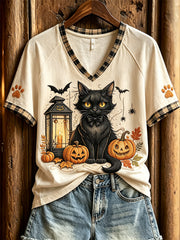 Women's Halloween cat print casual short-sleeved V-neck T-shirt