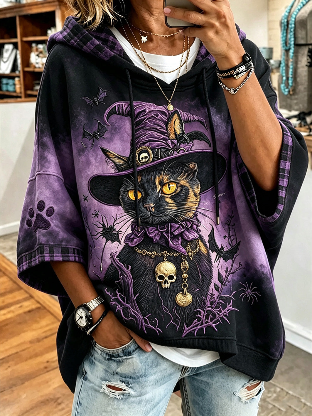 Women’s  Halloween cat print casual Hoodie