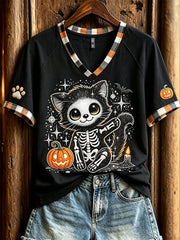 Women's Halloween cat print casual short-sleeved V-neck T-shirt