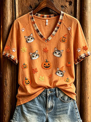 Women's Halloween cat print casual short-sleeved V-neck T-shirt