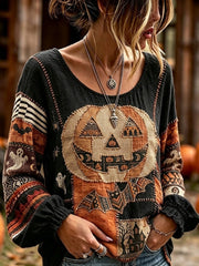 Women's Vintage Halloween Pumpkin Face Patchwork Print Cotton-Linen Shirt