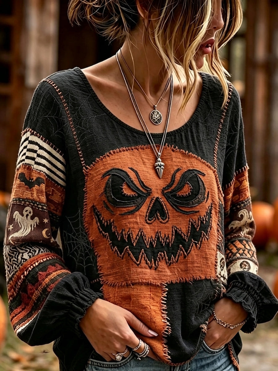 Women's Vintage Halloween Spooky Face Patchwork Print Cotton-Linen Shirt