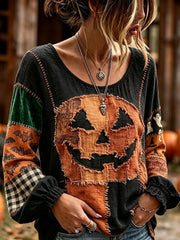 Women's Vintage Halloween Spooky Face Patchwork Print Cotton-Linen Shirt