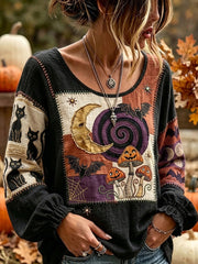 Women's Vintage Halloween Patchwork Print Cotton-Linen Shirt