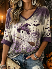 Women's Retro Halloween Pattern Printed Casual Mid-length Sleeves V-Neck T-Shirt