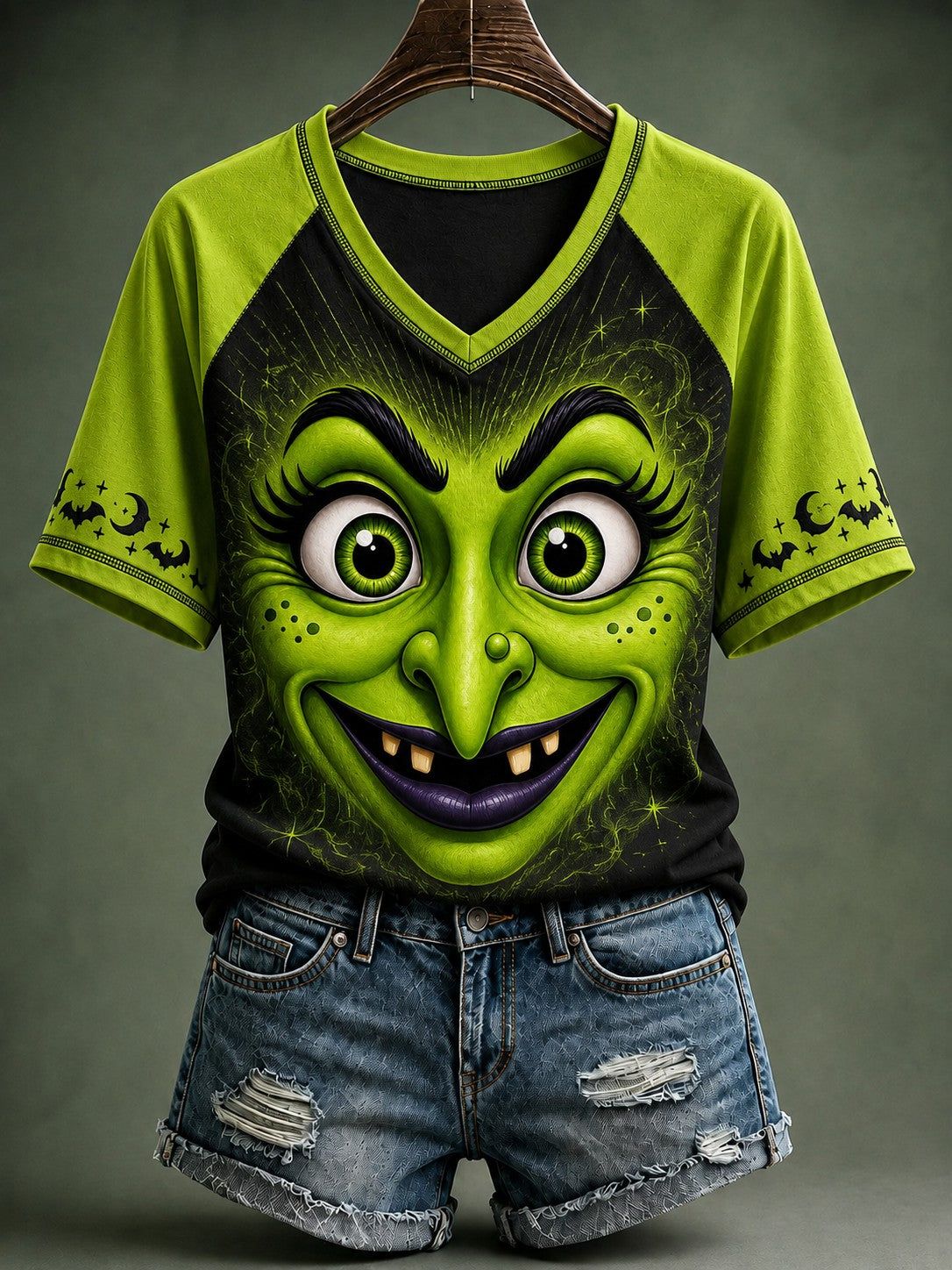 Women's Halloween Witch Face Printed V-neck T-shirt