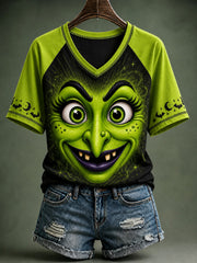 Women's Halloween Witch Face Printed V-neck T-shirt