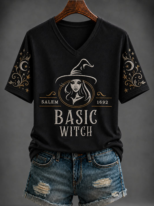 Women's Halloween “BASIC WITCH” Printed V-neck T-shirt