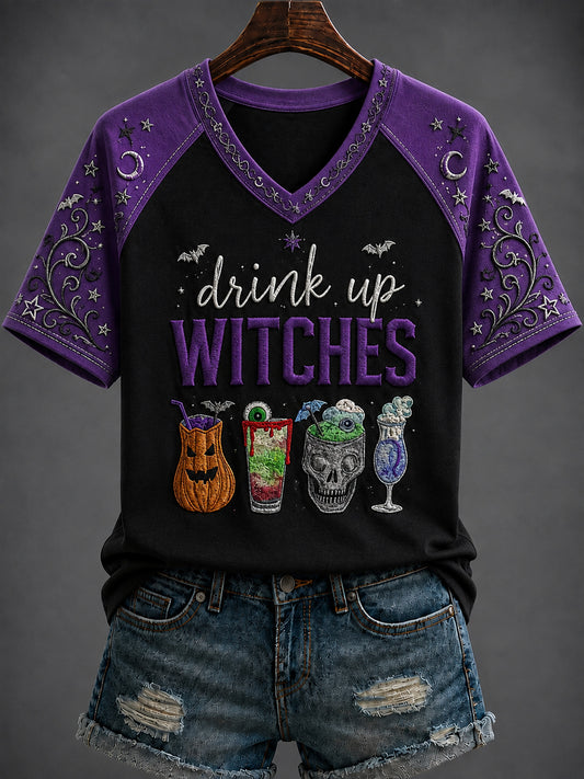 Women's Halloween “drink up WITCHES” Printed V-neck T-shirt