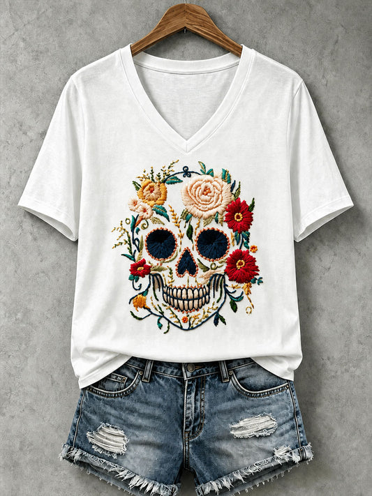 Women's Skull and Floral Print Casual T-Shirt